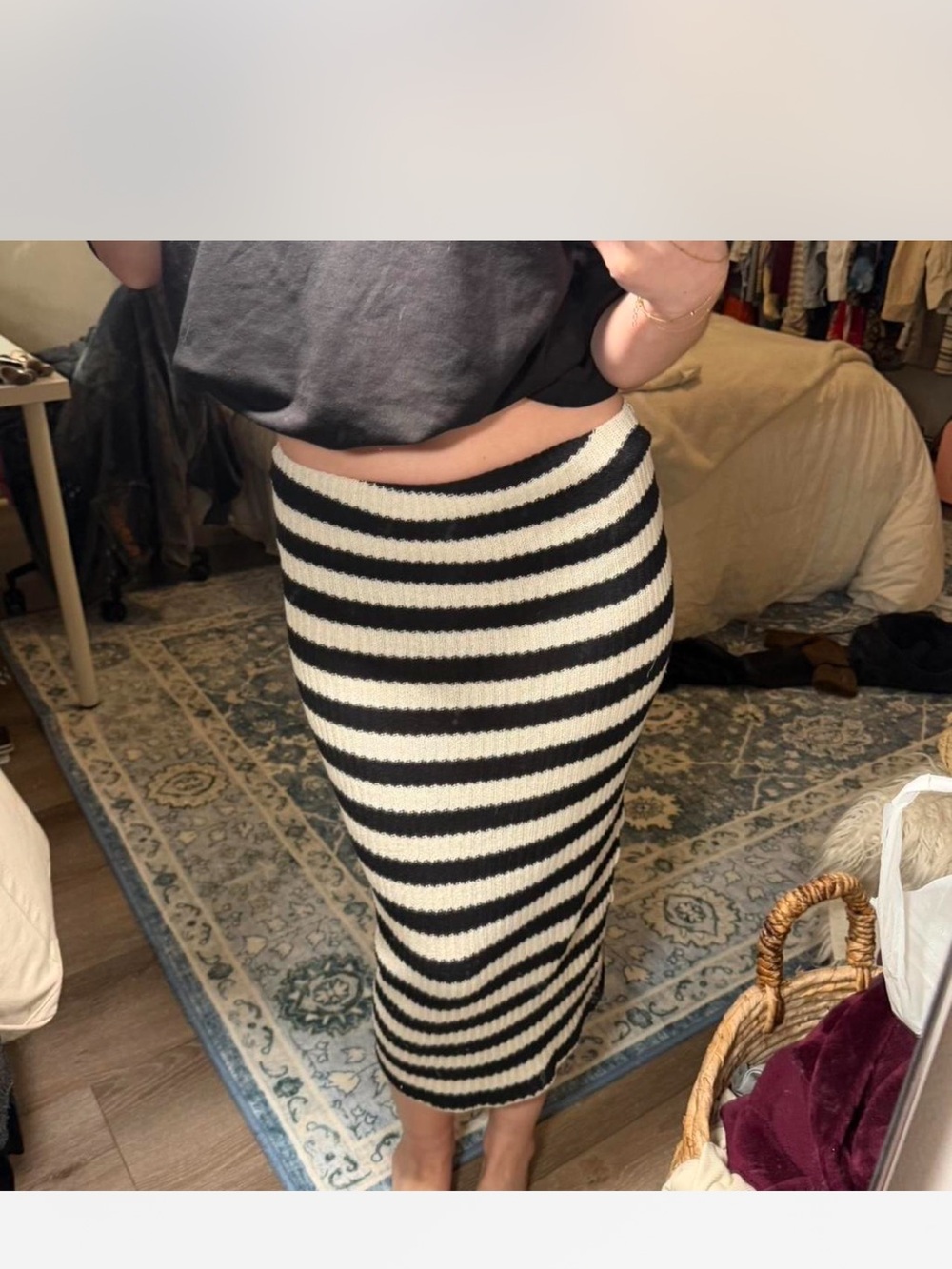 Zara Black and White Striped Midi Knit Skirt